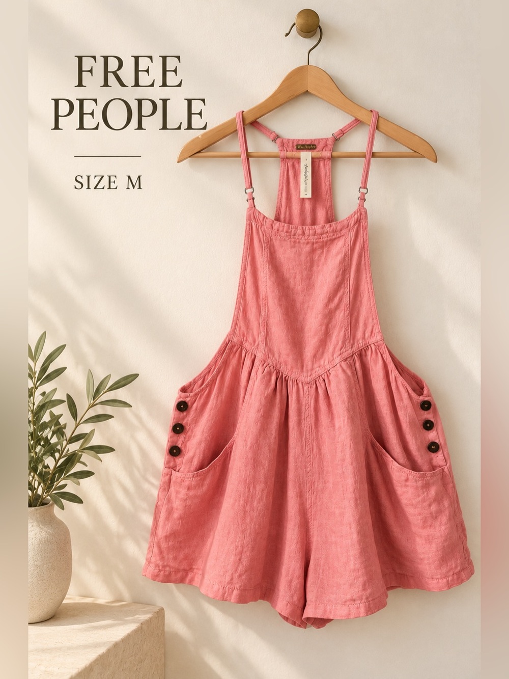 Free People Coral Pink 100% Linen Overall Romper Dress Size M